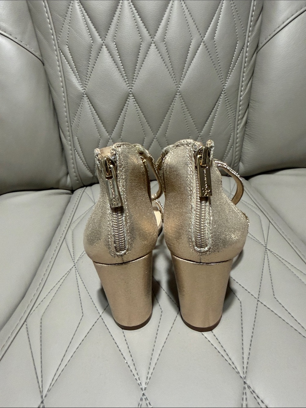 Jessica Simpson Metallic Gold Rhinestone Block Heel Sandals - Picture 8 of 11